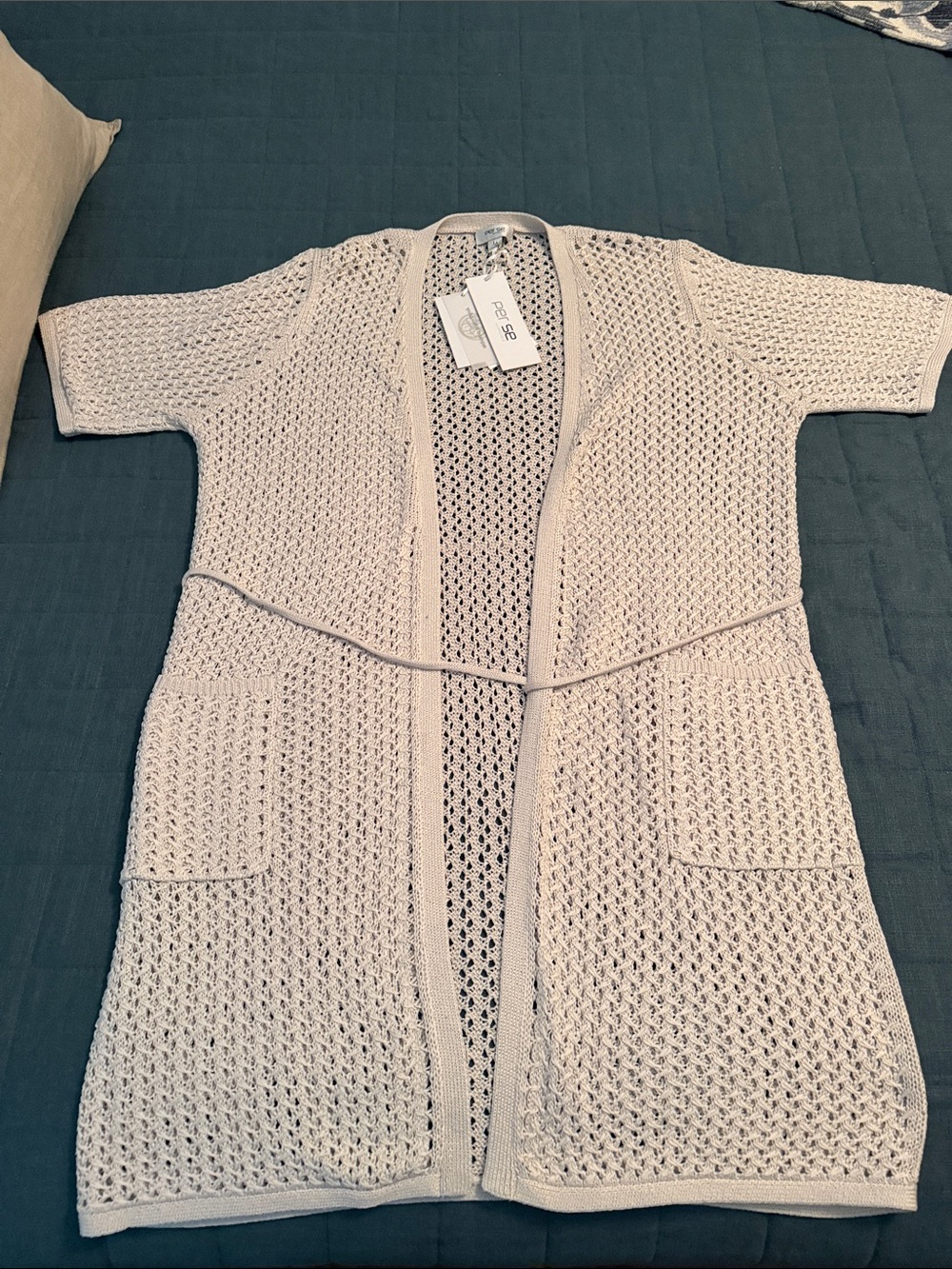 NWT. Italian Per Se Cream Open-Weave Belted Cardigan/Beach Cover-up/Jacket. - Picture 3 of 9